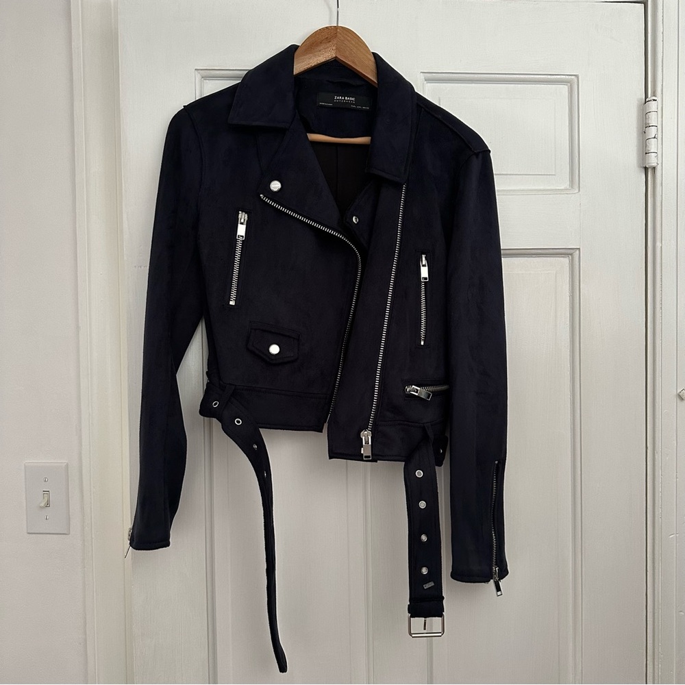 Navy Faux Suede Biker Jacket